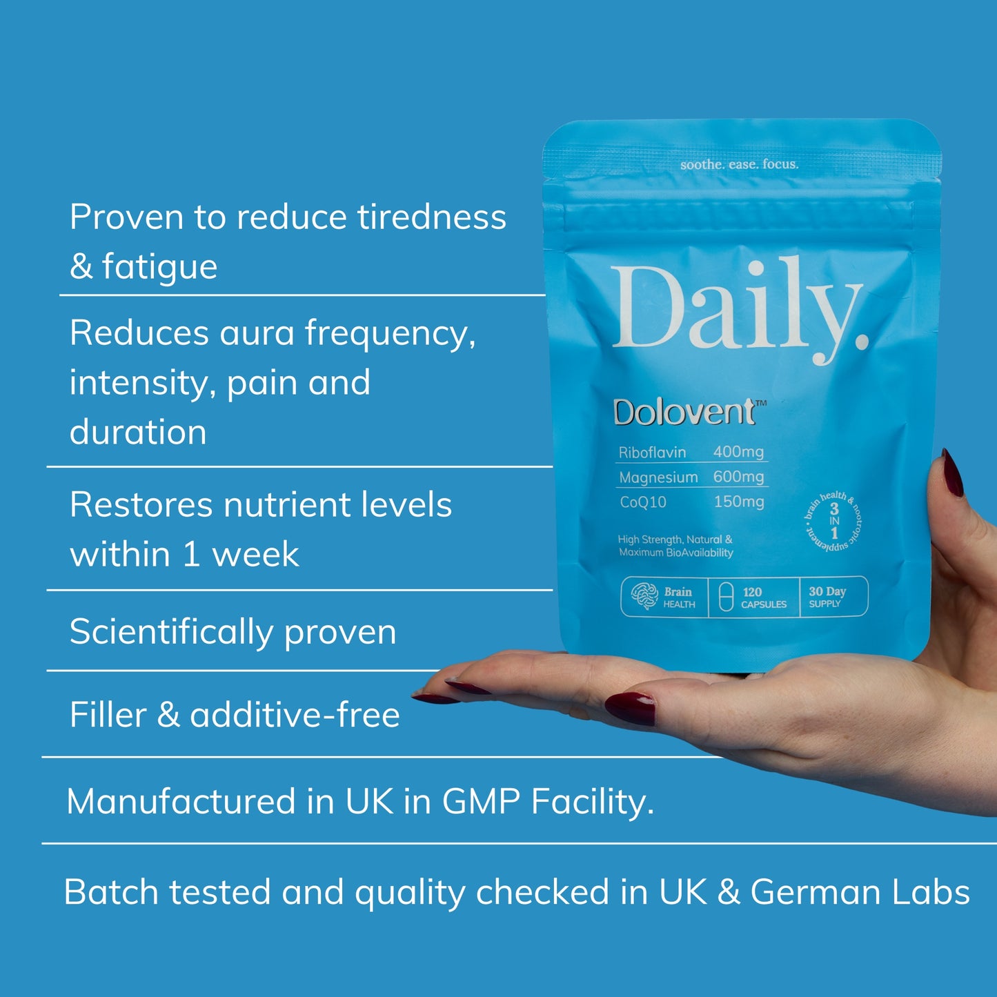 Daily Dolovent benefits for migraine and headaches. Magnesium benefit for migraine. Riboflavin migraine benefits. CoQ10 benefits for migraine.