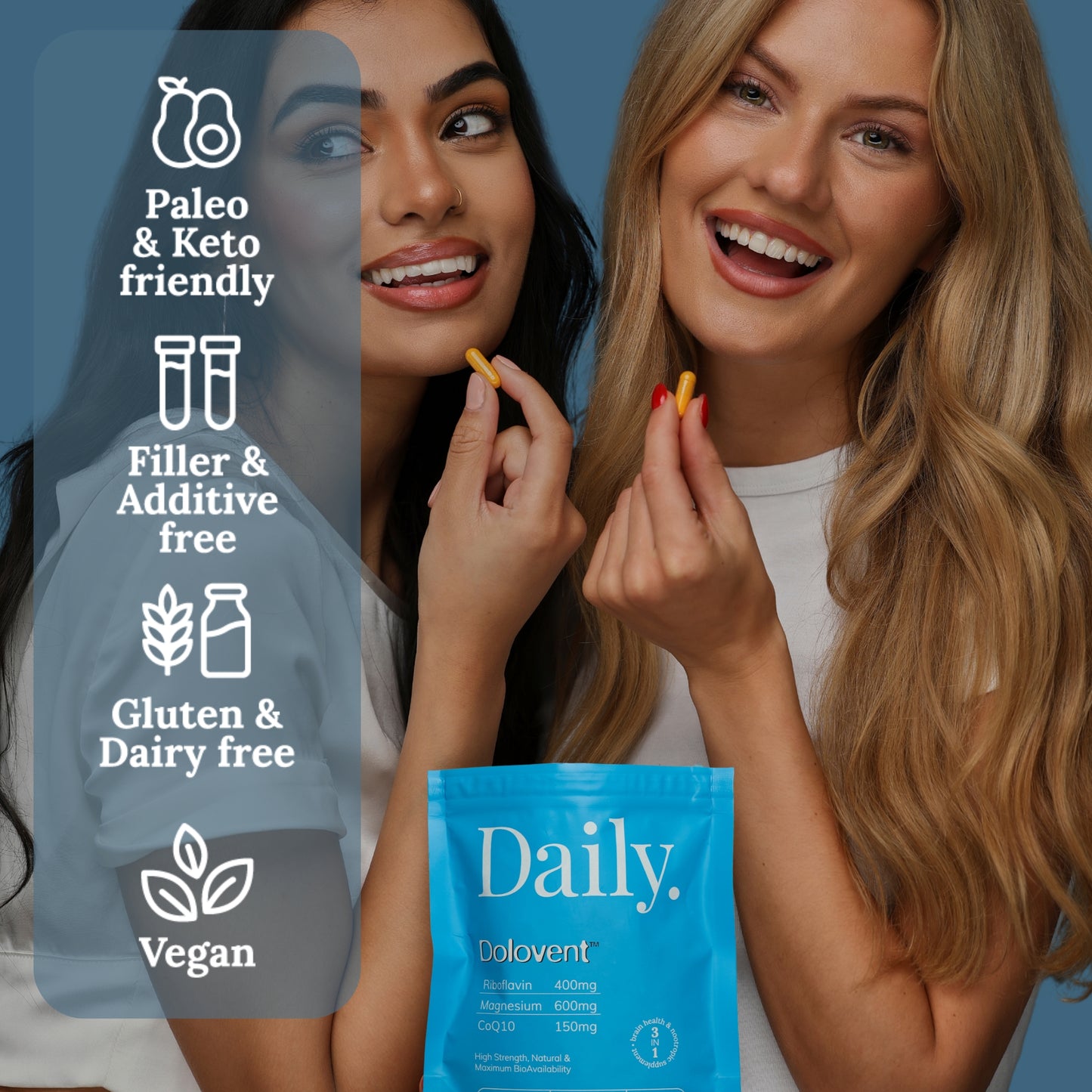 Natural migraine supplement two women taking supplement for headache