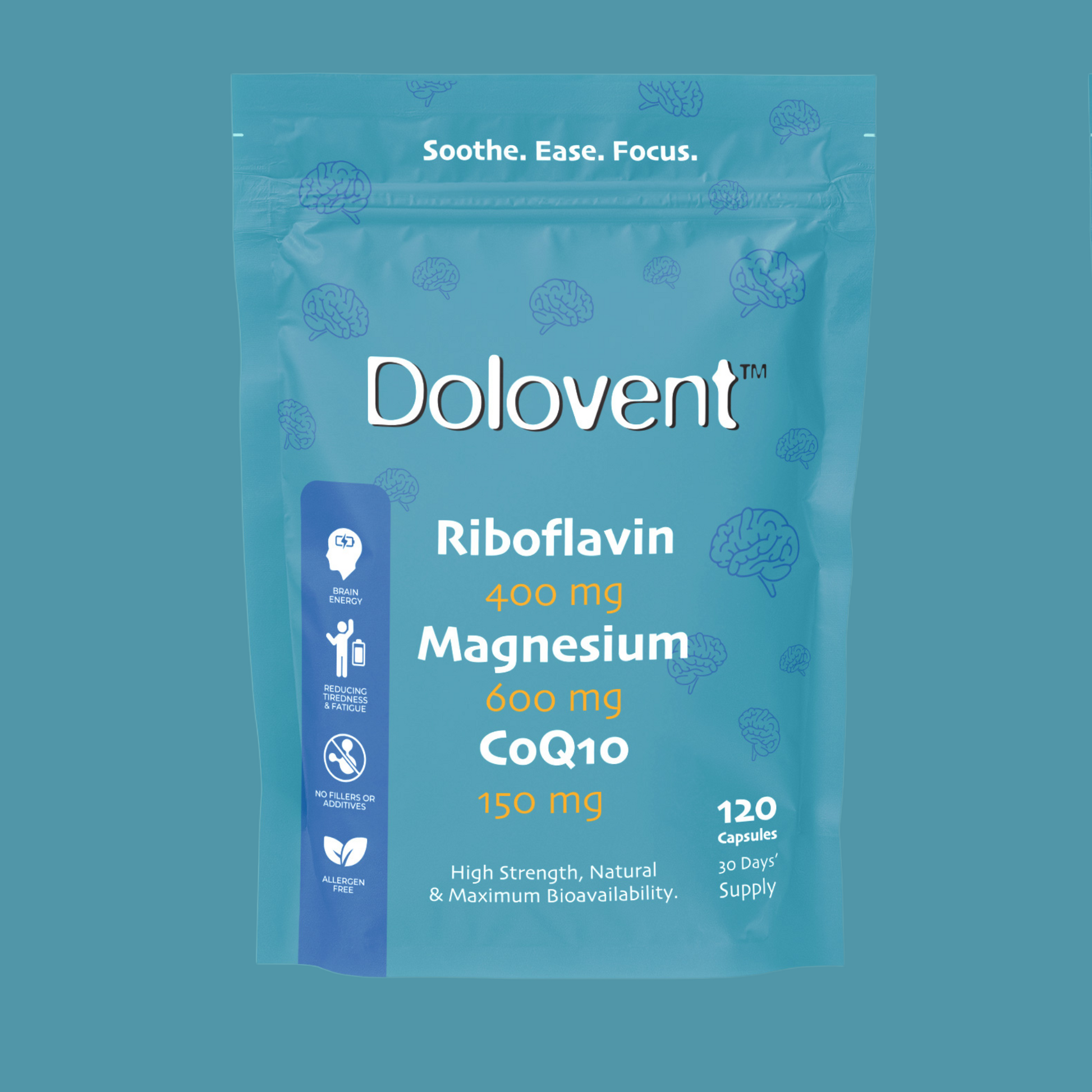 Dolovent contains 600mg magnesium, 400mg vitamin b2 Riboflavin, 150mg CoQ10 to support with migraneurs. 130 patient clinical trial for reduction in migraine days and aura